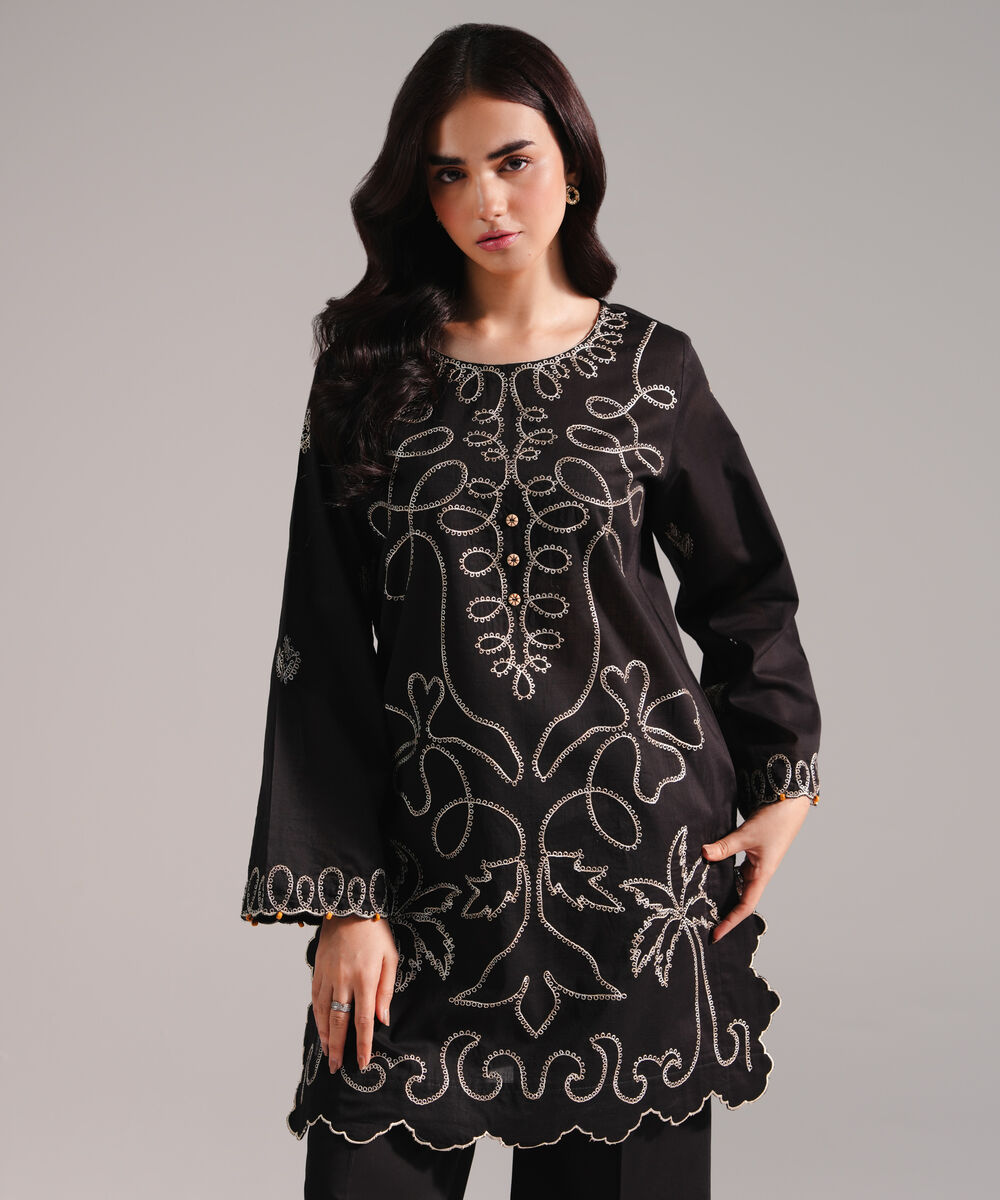 Women's RTW Crosshatch Embroidered Black Straight Shirt