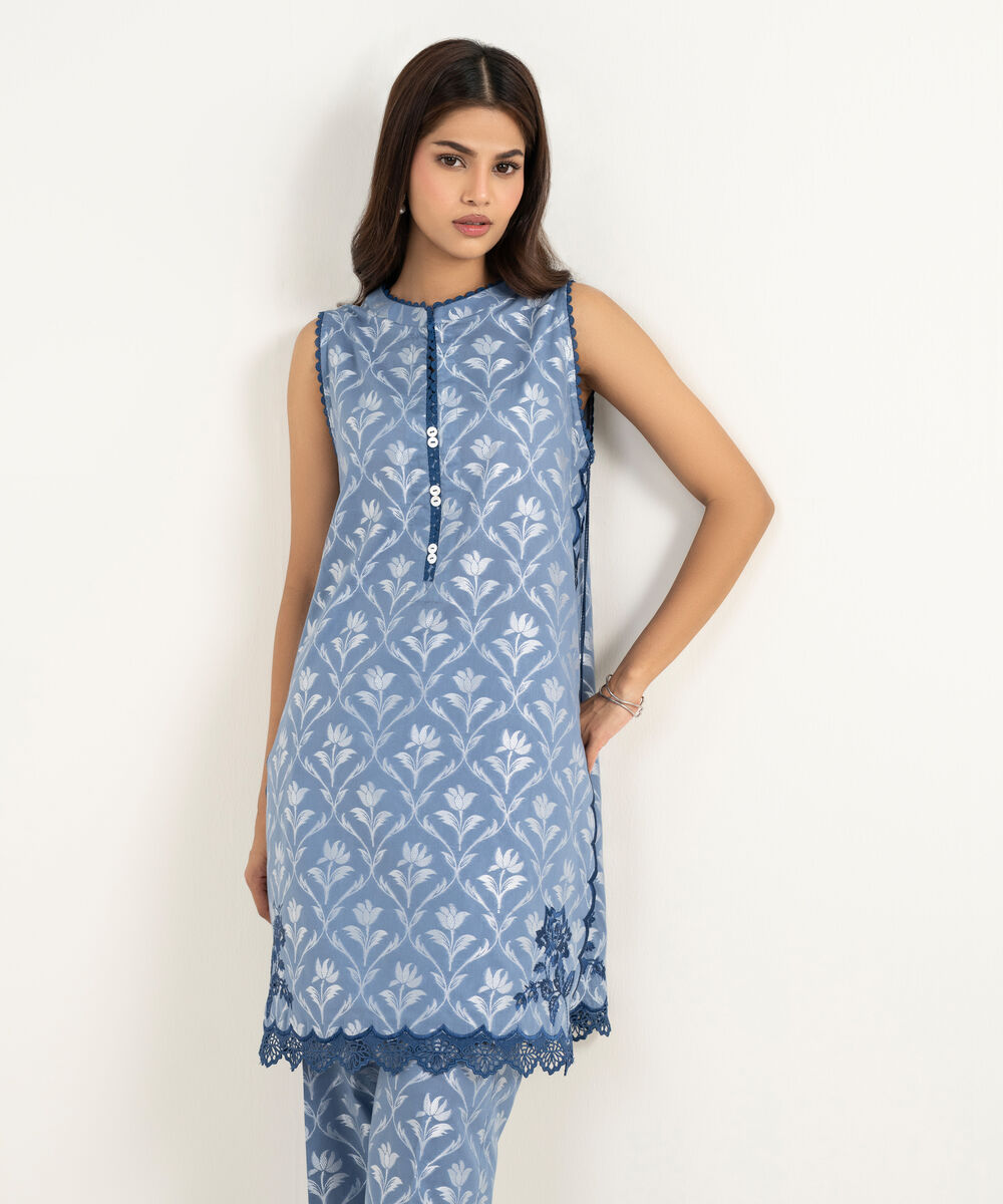 Women's RTW Extra Weft Jacquard Embroidered Blue 2 Piece Suit