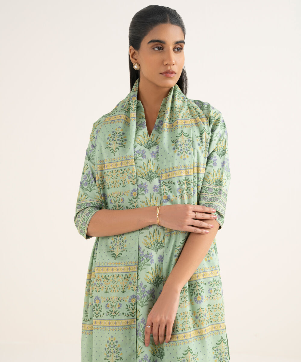 Women's Unstitched Cotton Printed Green 3 Piece Suit