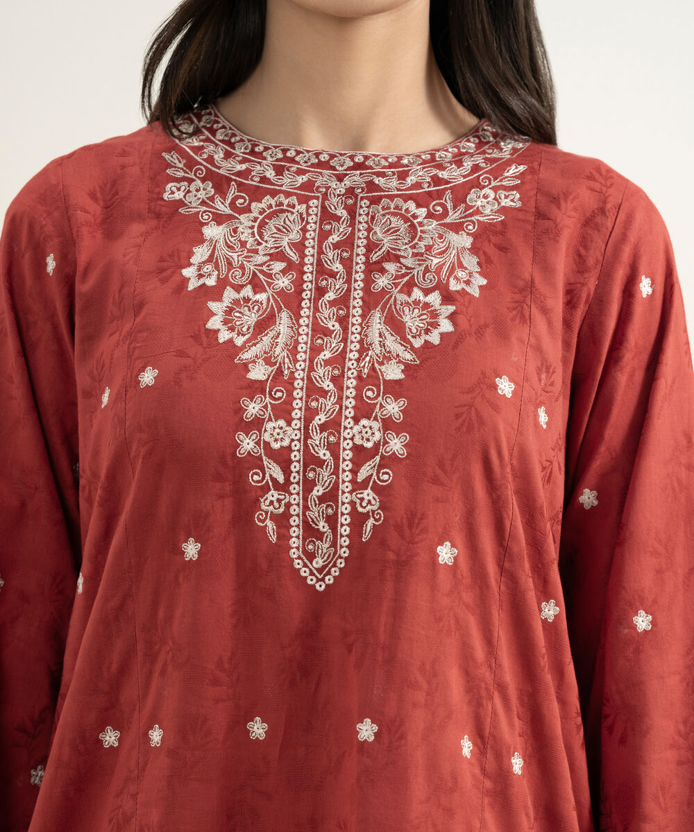 Women's RTW Self Jacquard Embroidered Dark Orange Straight Shirt