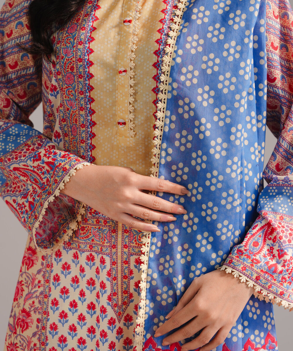 Women's RTW Lawn Printed Pale Yellow 3 Piece Suit