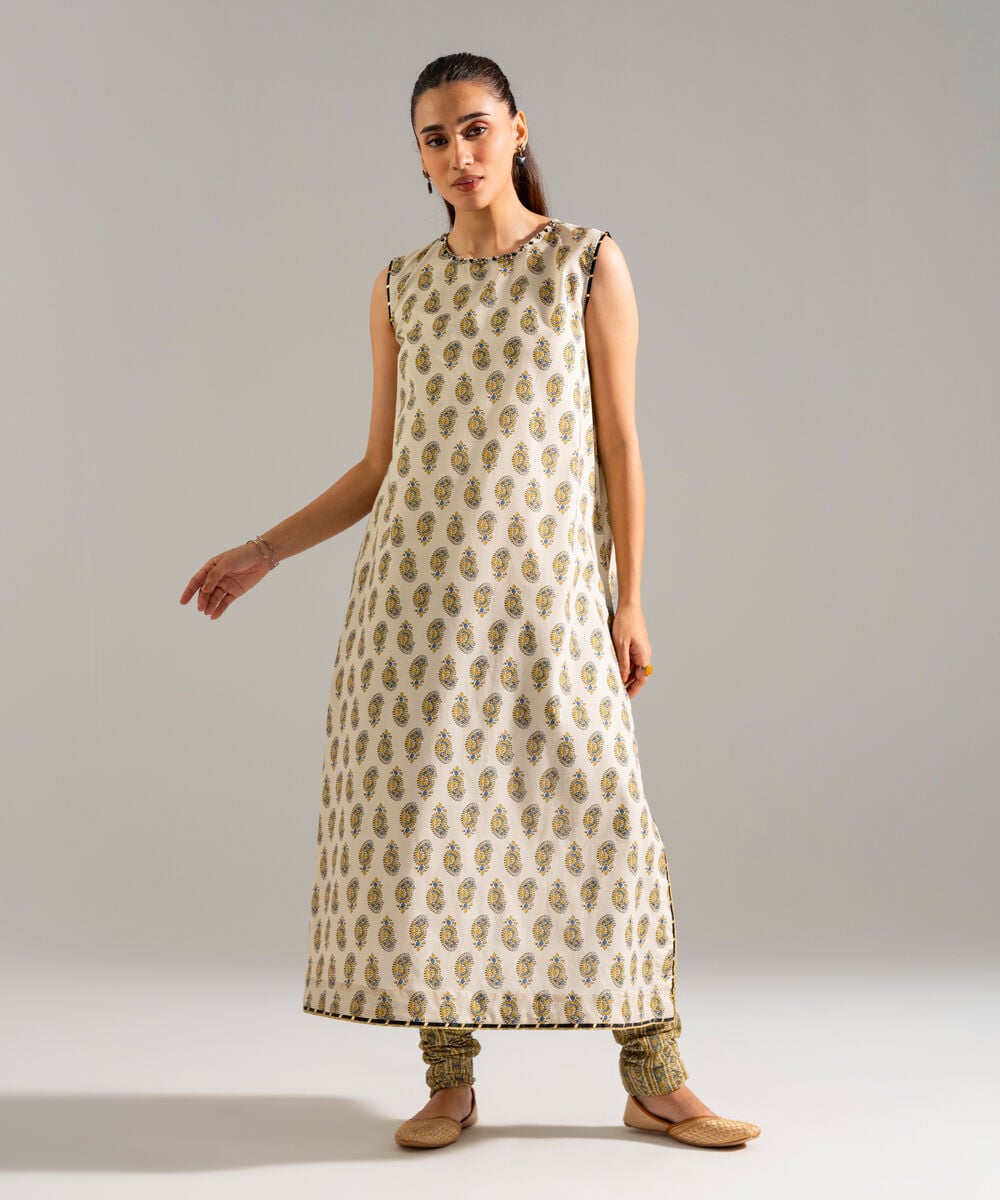Women's RTW Slub Lawn Printed Beige Straight Shirt