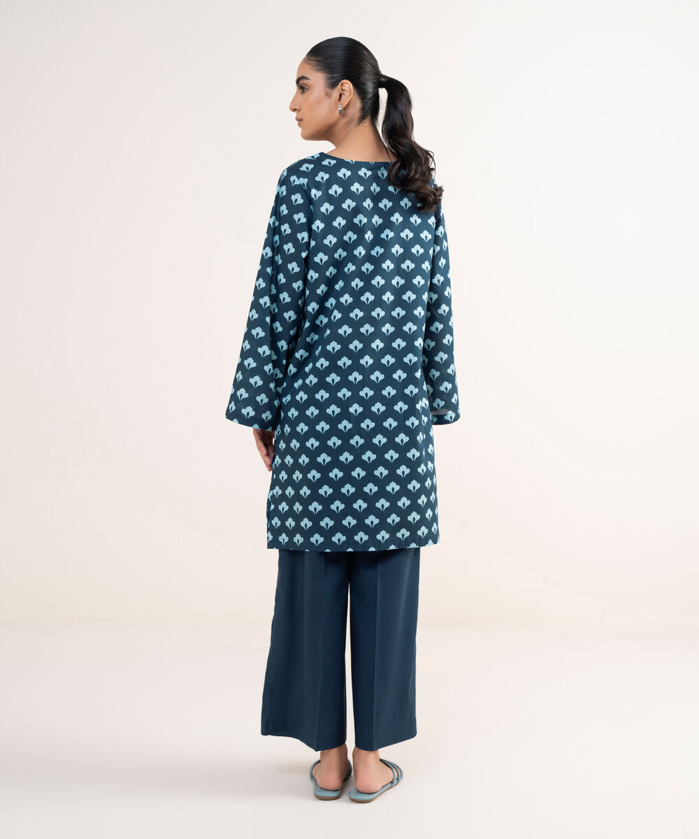 Women's RTW Textured Lawn Blue Embroidered A-Line Shirt