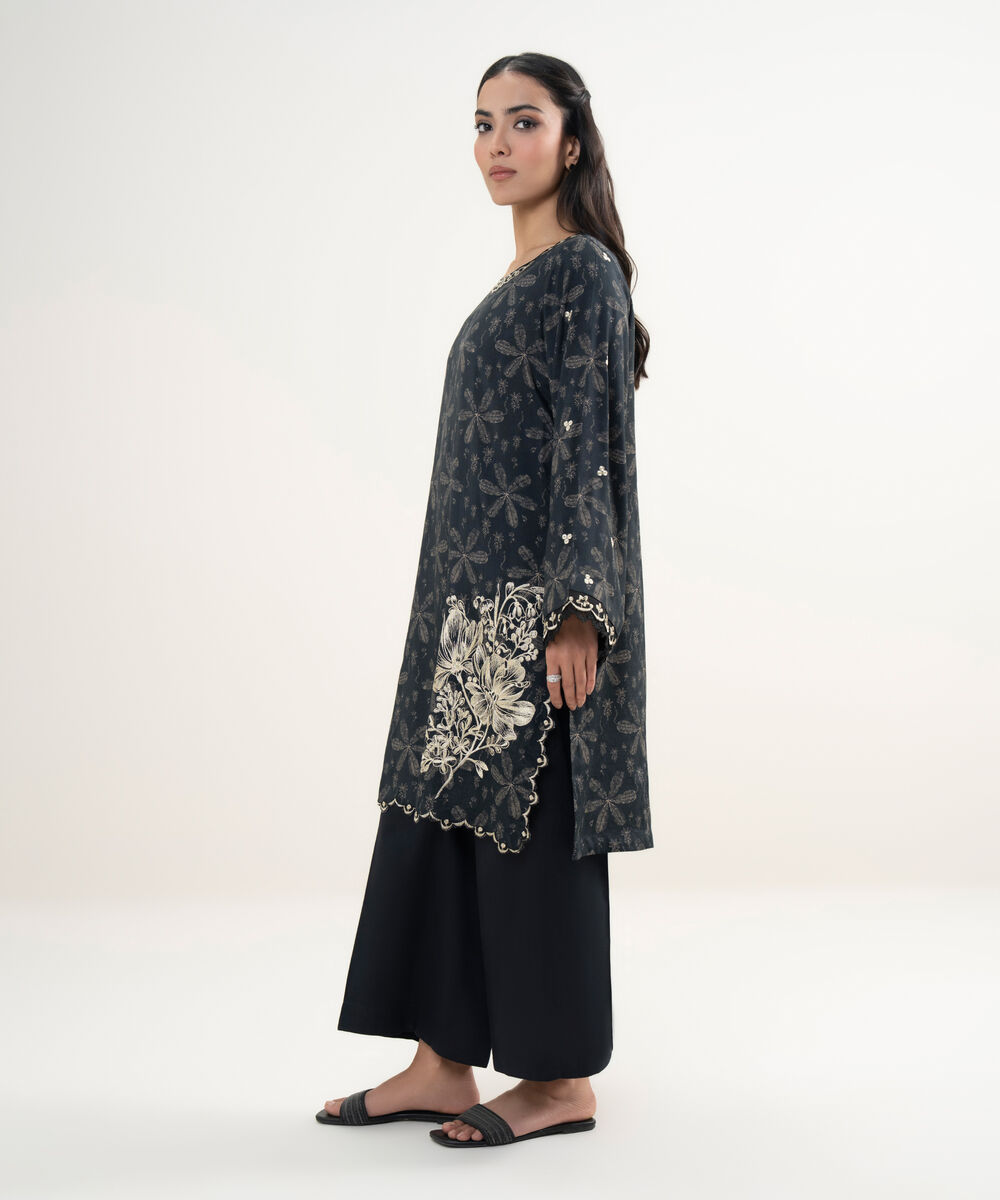 Women's RTW Viscose Raw Silk Embroidered Black Straight Shirt