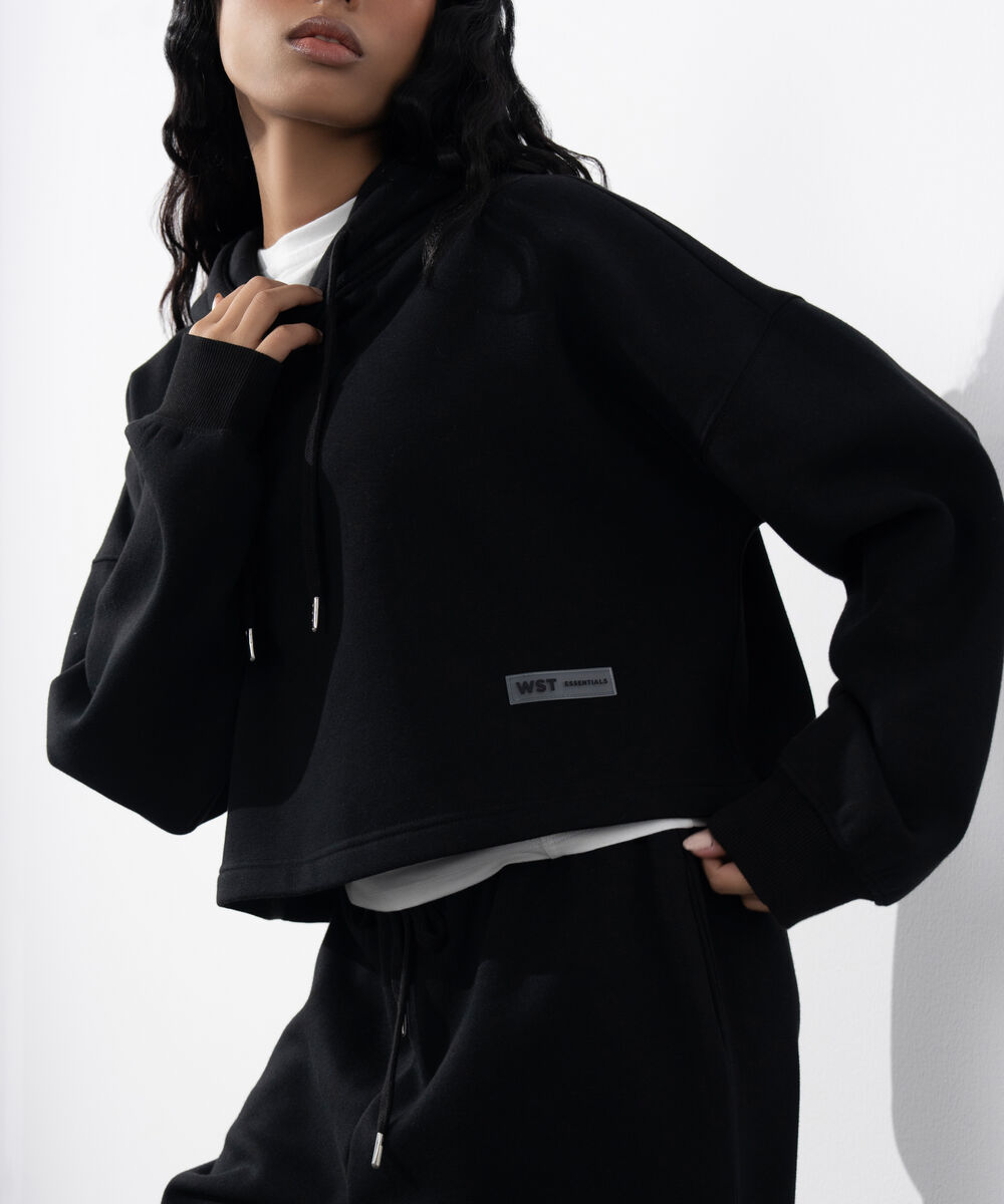 Women's Western Wear Black Cropped Fleece Hoodie