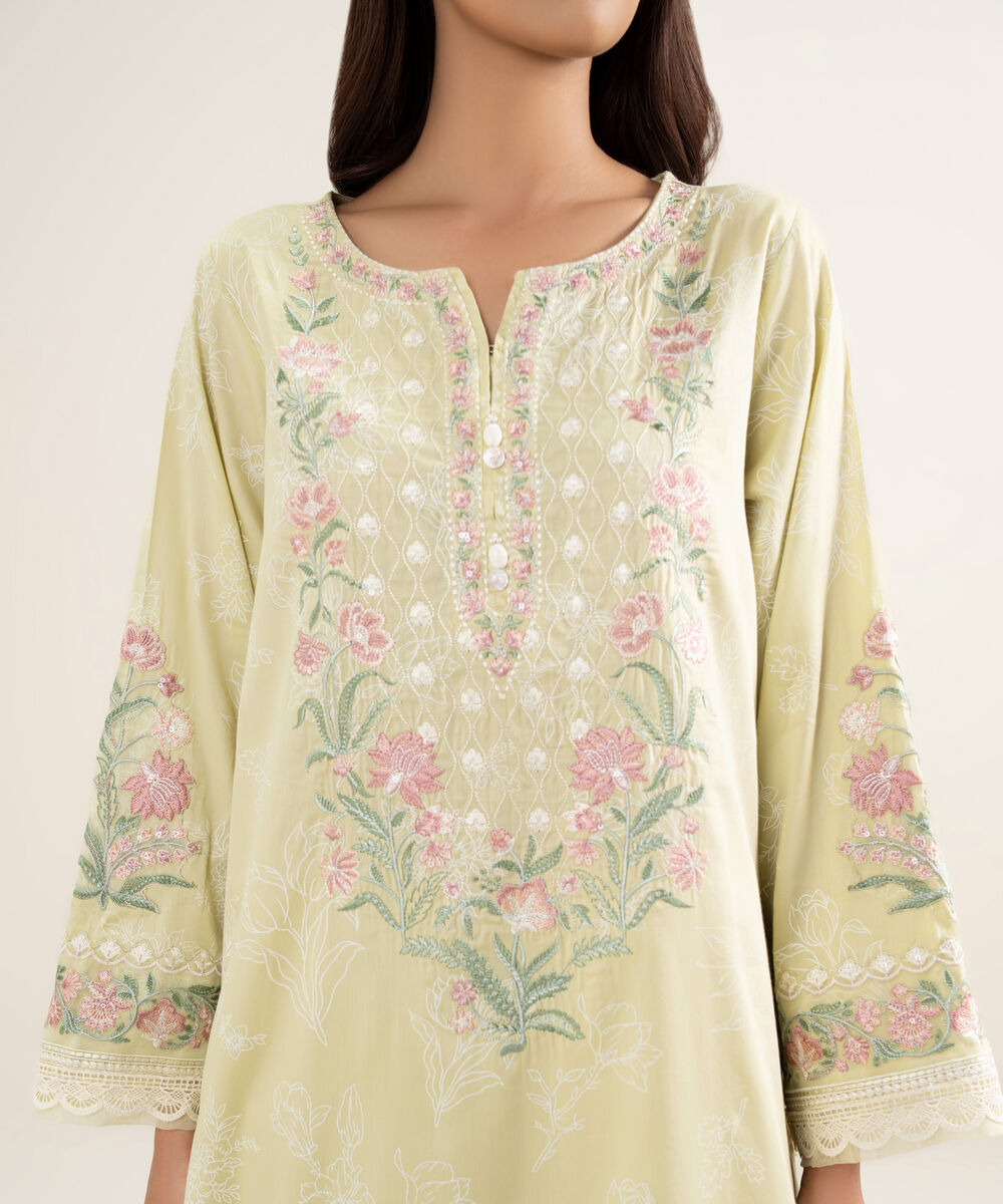 Women's RTW Premium Cotton Satin Embroidered Yellow A-Line Shirt