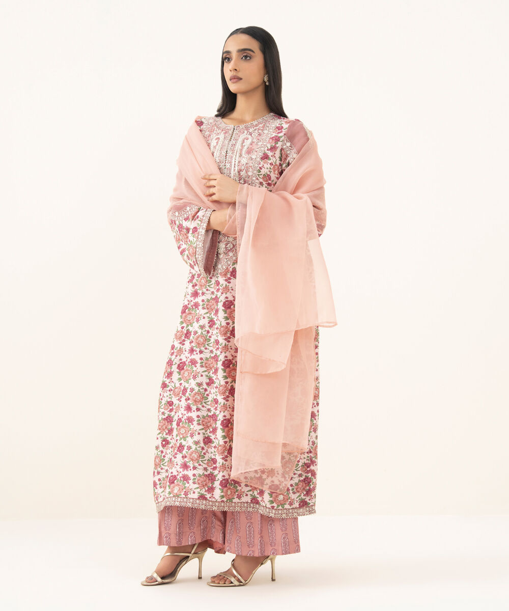 Women's RTW Textured Viscose Embroidered Pink 3 Piece Suit