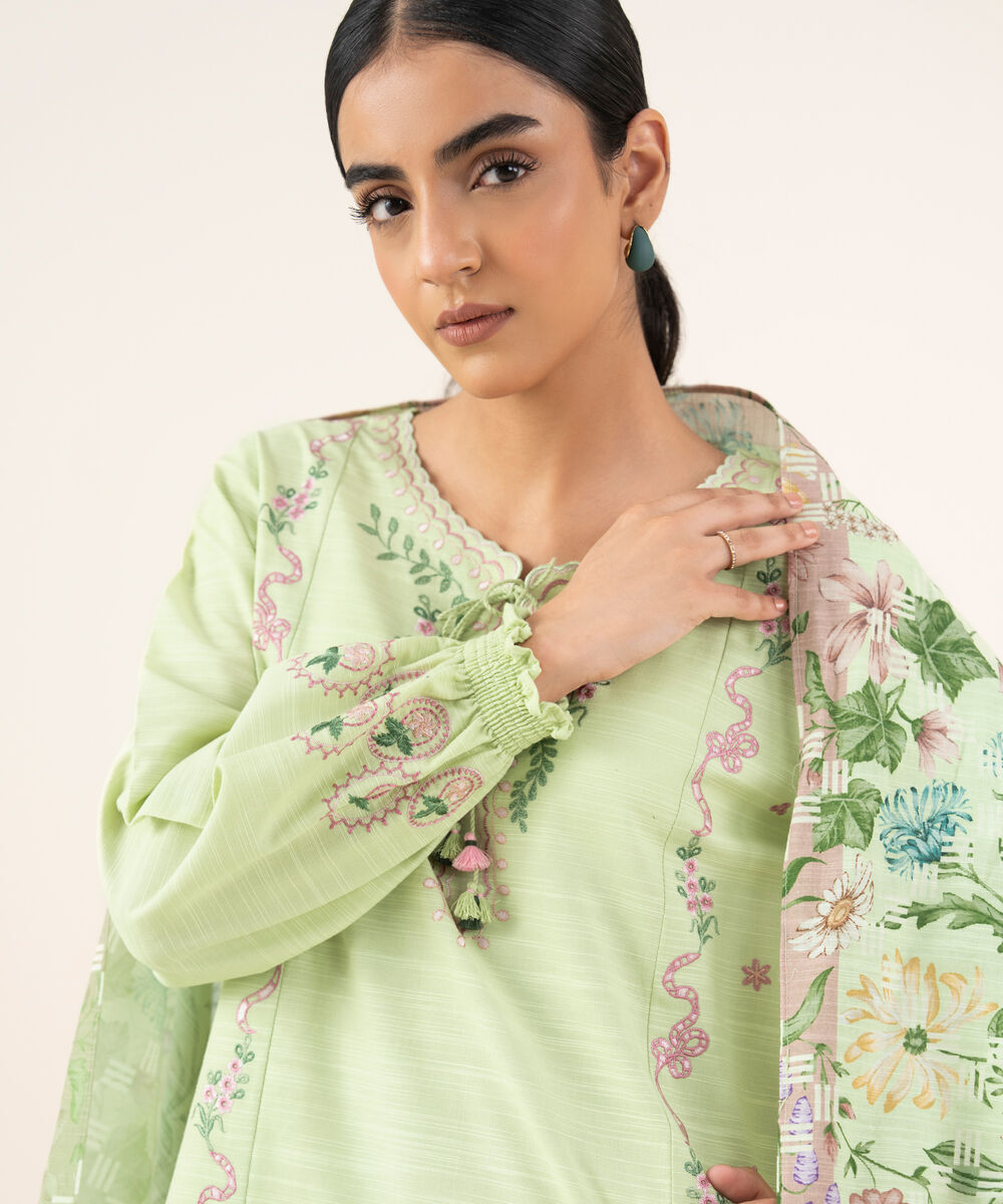 Women's Unstitched Cotton Embroidered Green 2 Piece Suit