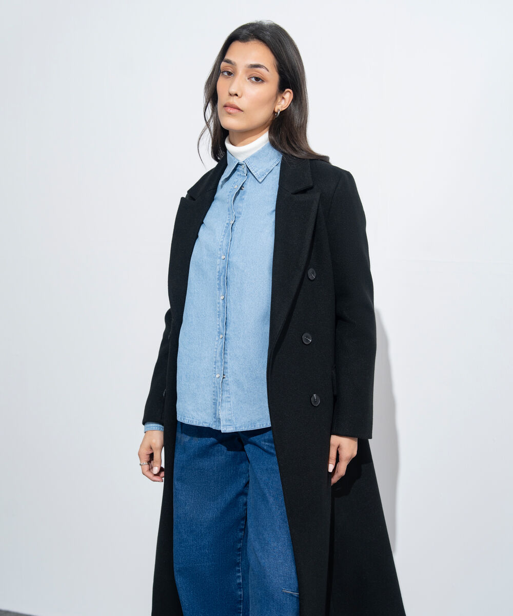 Women's Western Wear Black Double Breasted Long Coat