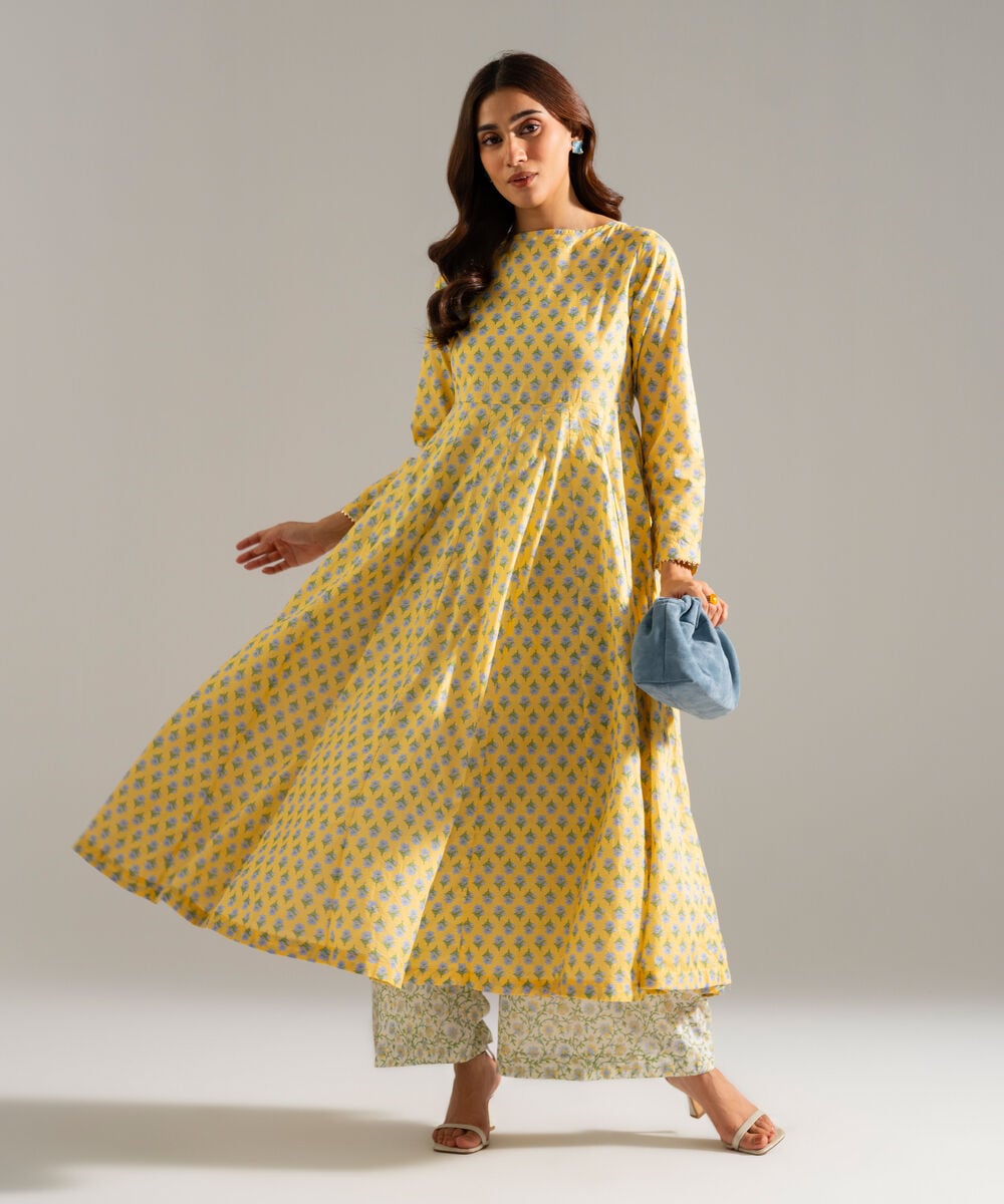 Women's RTW Slub Lawn Printed Yellow Peshwas