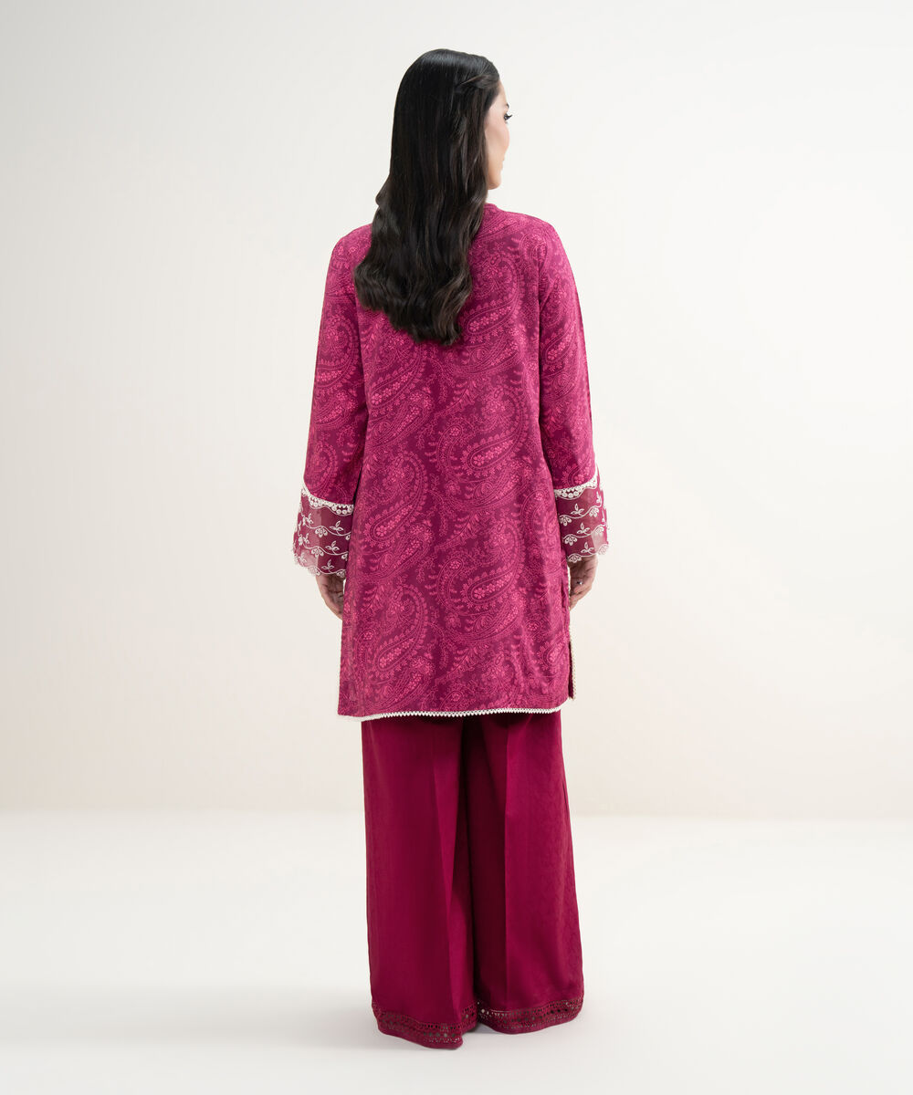 Women's RTW Viscose Raw Silk Embroidered Dark Pink Straight Shirt