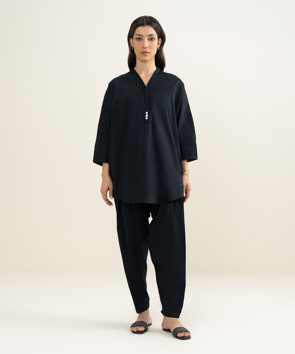 Women's RTW Dobby Solid Black Drop Shoulder Shirt