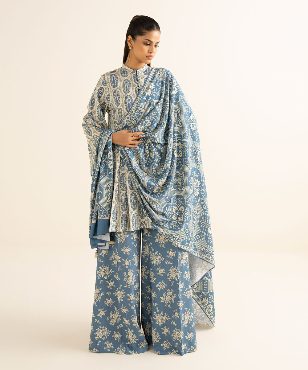 Women's Unstitched Linen Printed Blue 3 Piece Suit