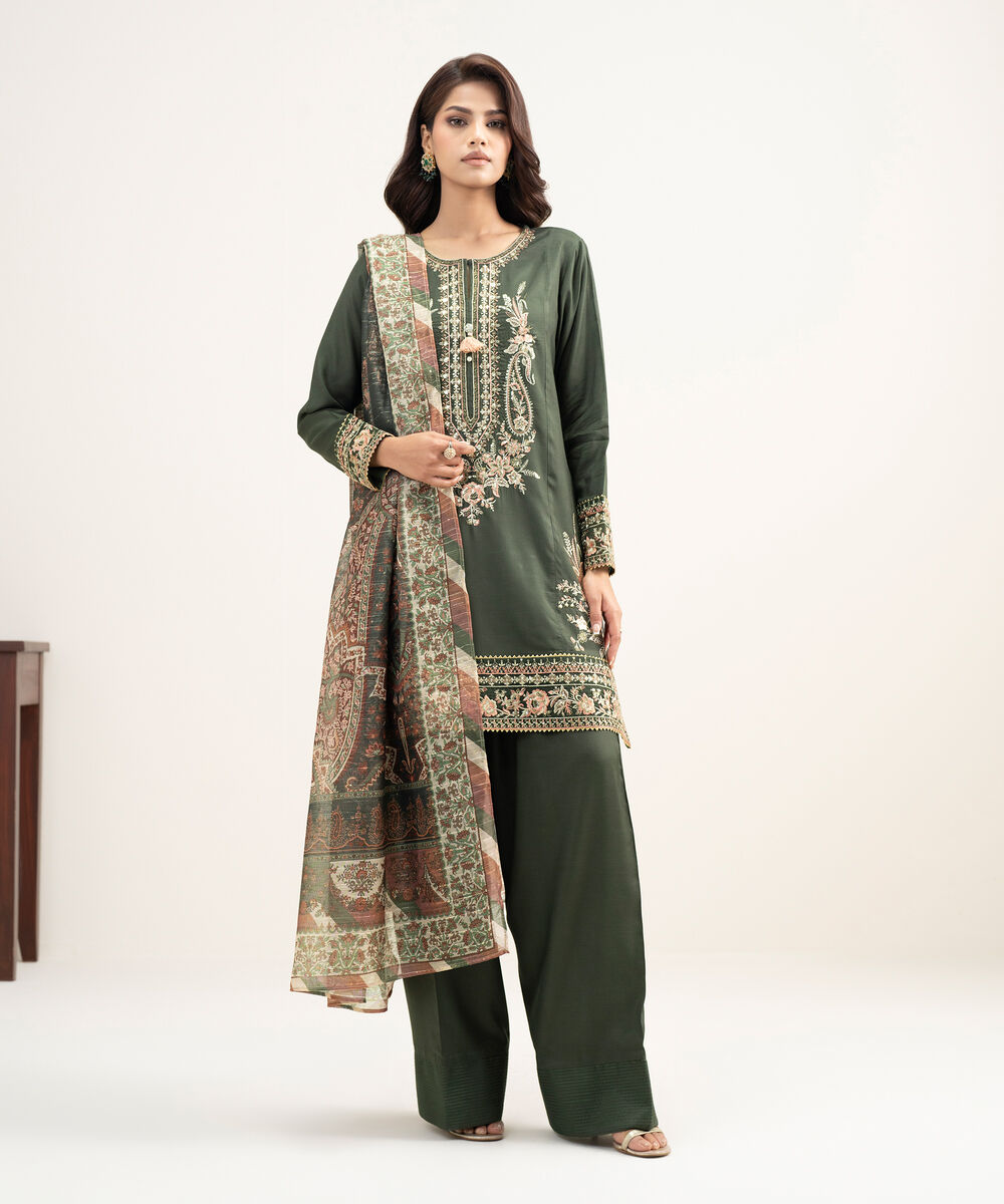 Women's RTW Viscose Raw Silk Embroidered Dark Green 3 Piece Suit