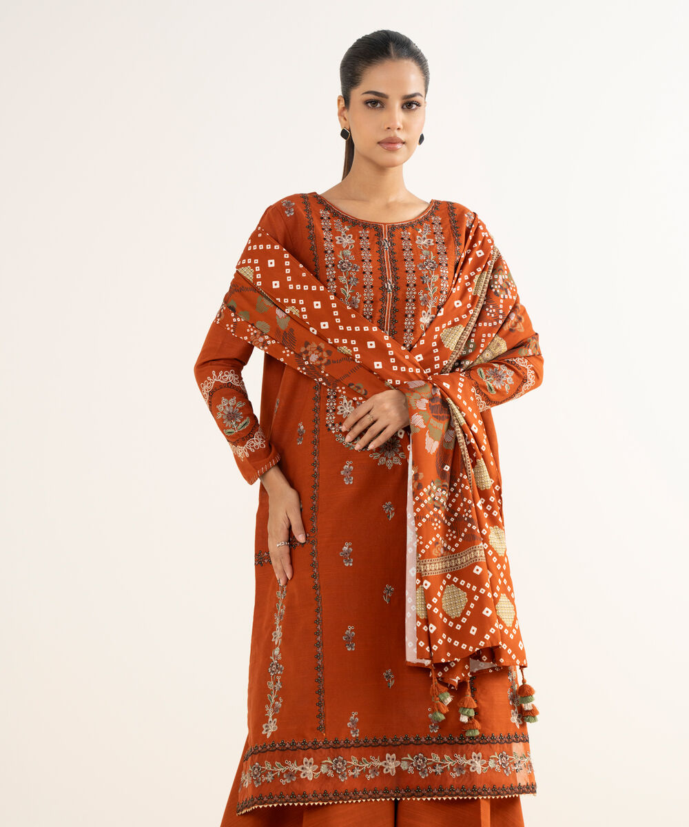 Women's Unstitched Light Khaddar Embroidered Orange 3 Piece Suit