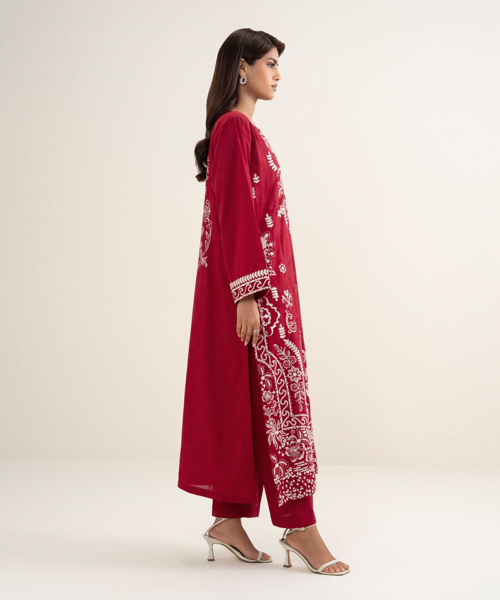 Women's RTW Self Jacquard Solid Red Straight Pants