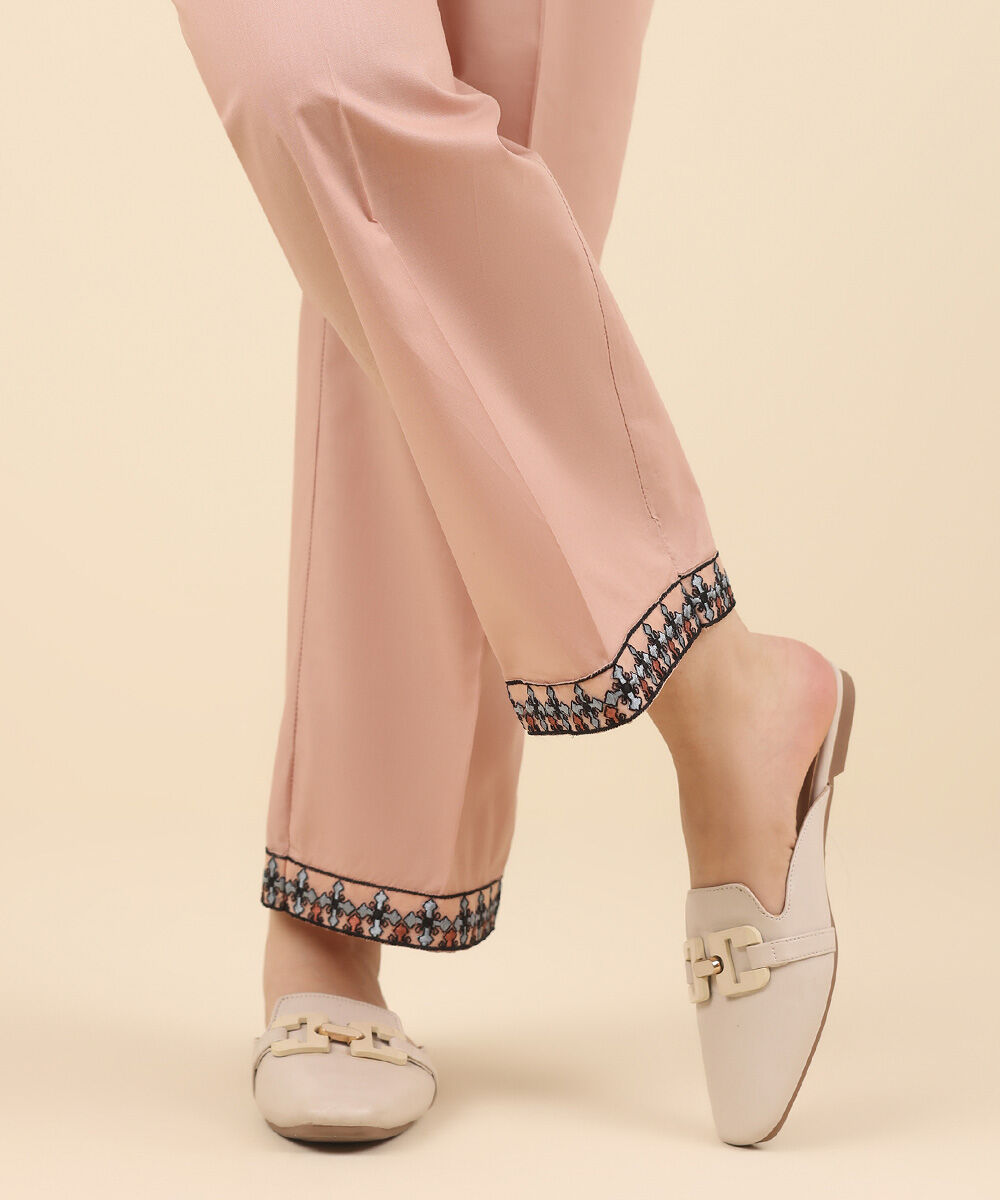 Women's Pret Cambric Pink Embroidered Straight Pants