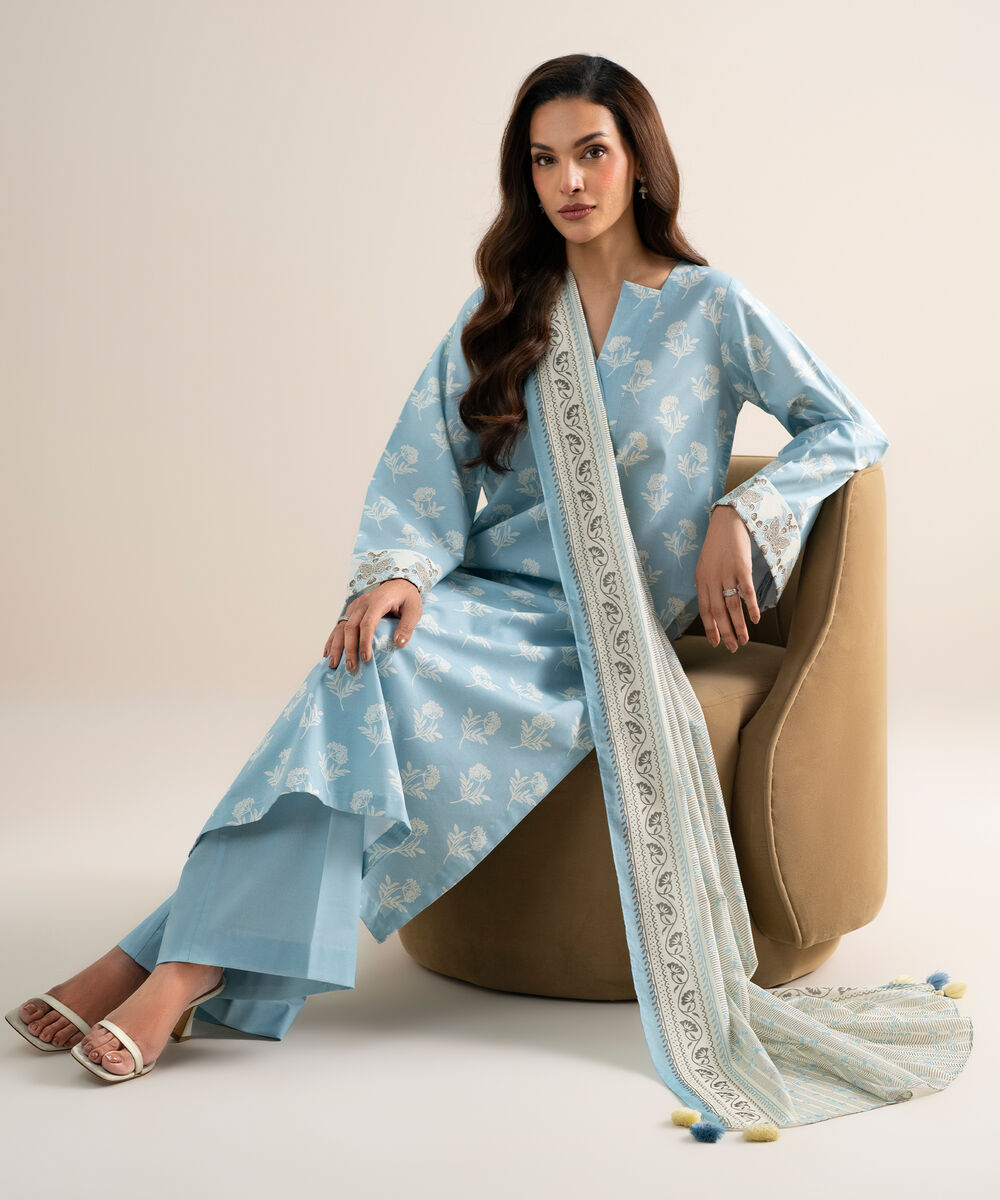 Women's Unstitched Lawn Printed Blue  3 Piece Suit