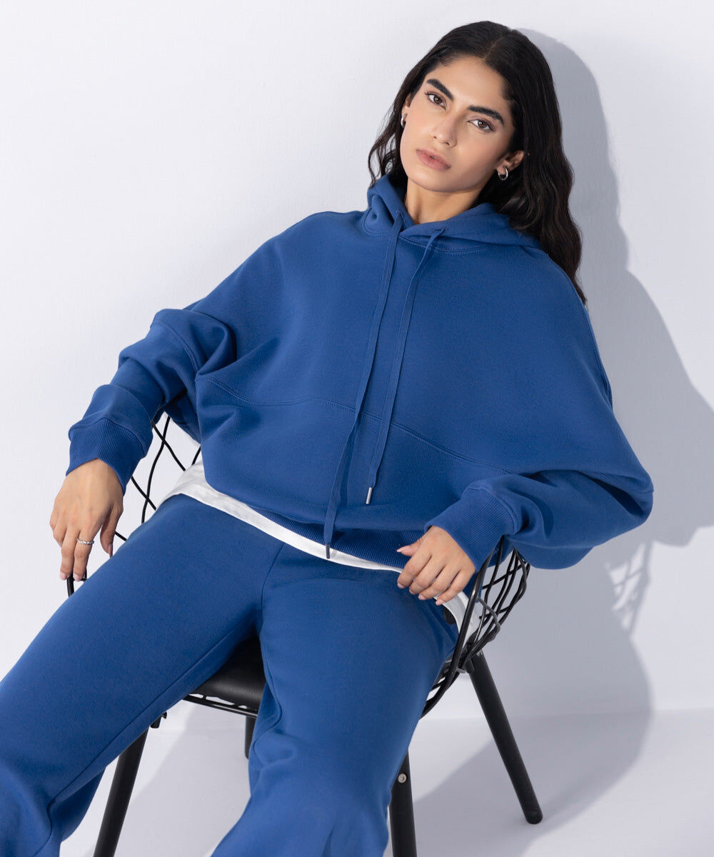 Woman - Blue Fleece Hoodie with Waist Panel