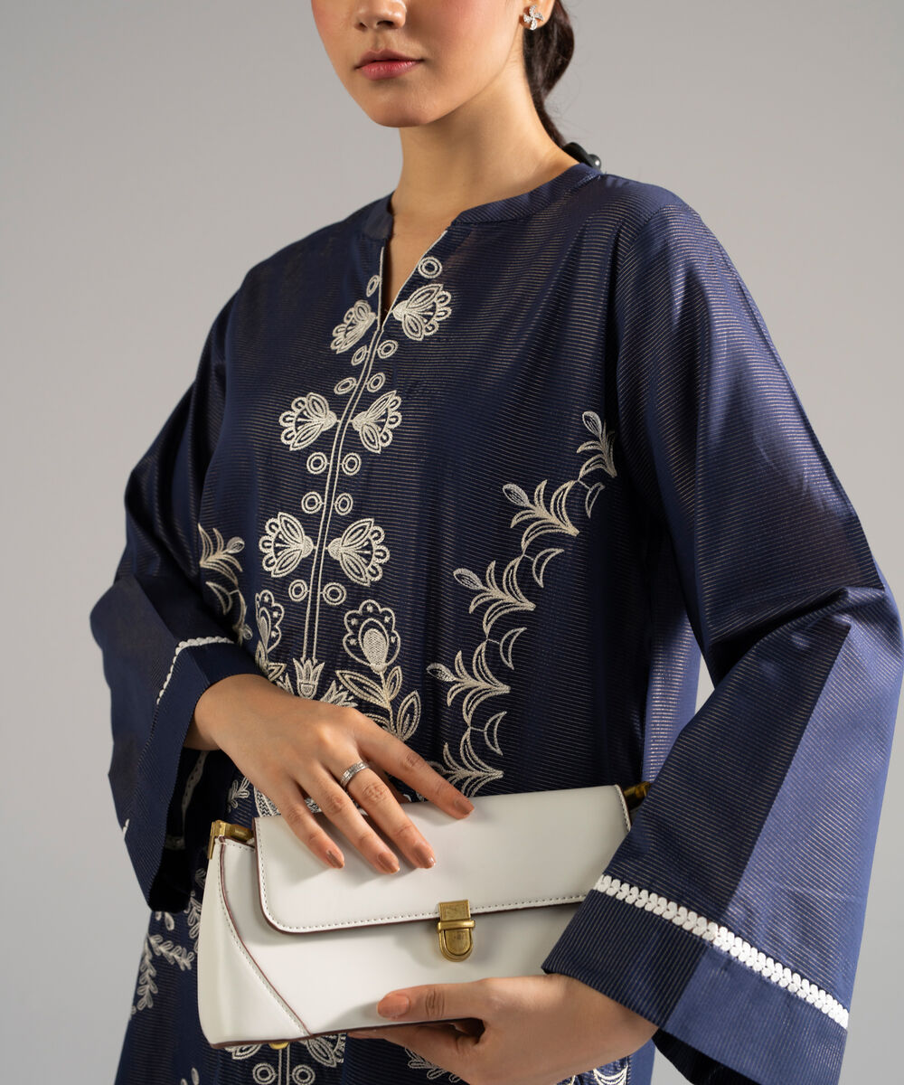 Women's RTW Zari Lawn Embroidered Blue Straight Shirt