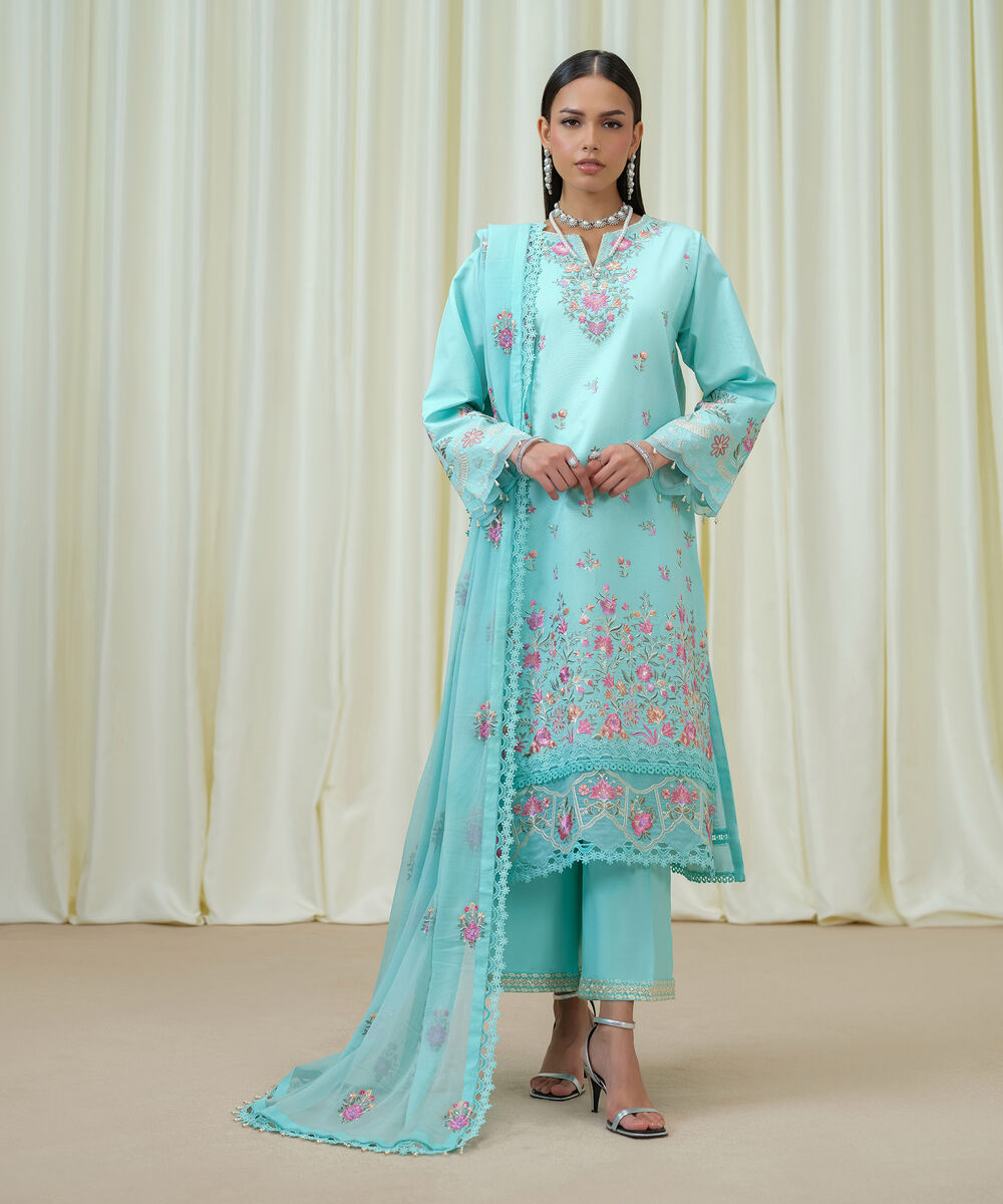 Women's Unstitched Cotton Net Embroidered Blue 3 Piece Suit