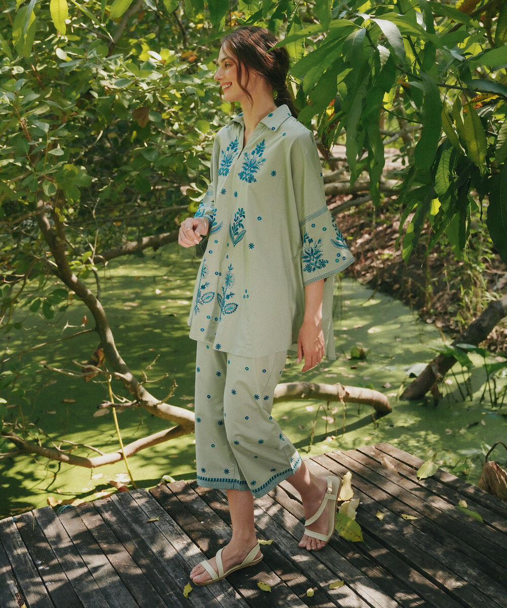 Women's RTW Dobby Embroidered Green Drop Shoulder Shirt