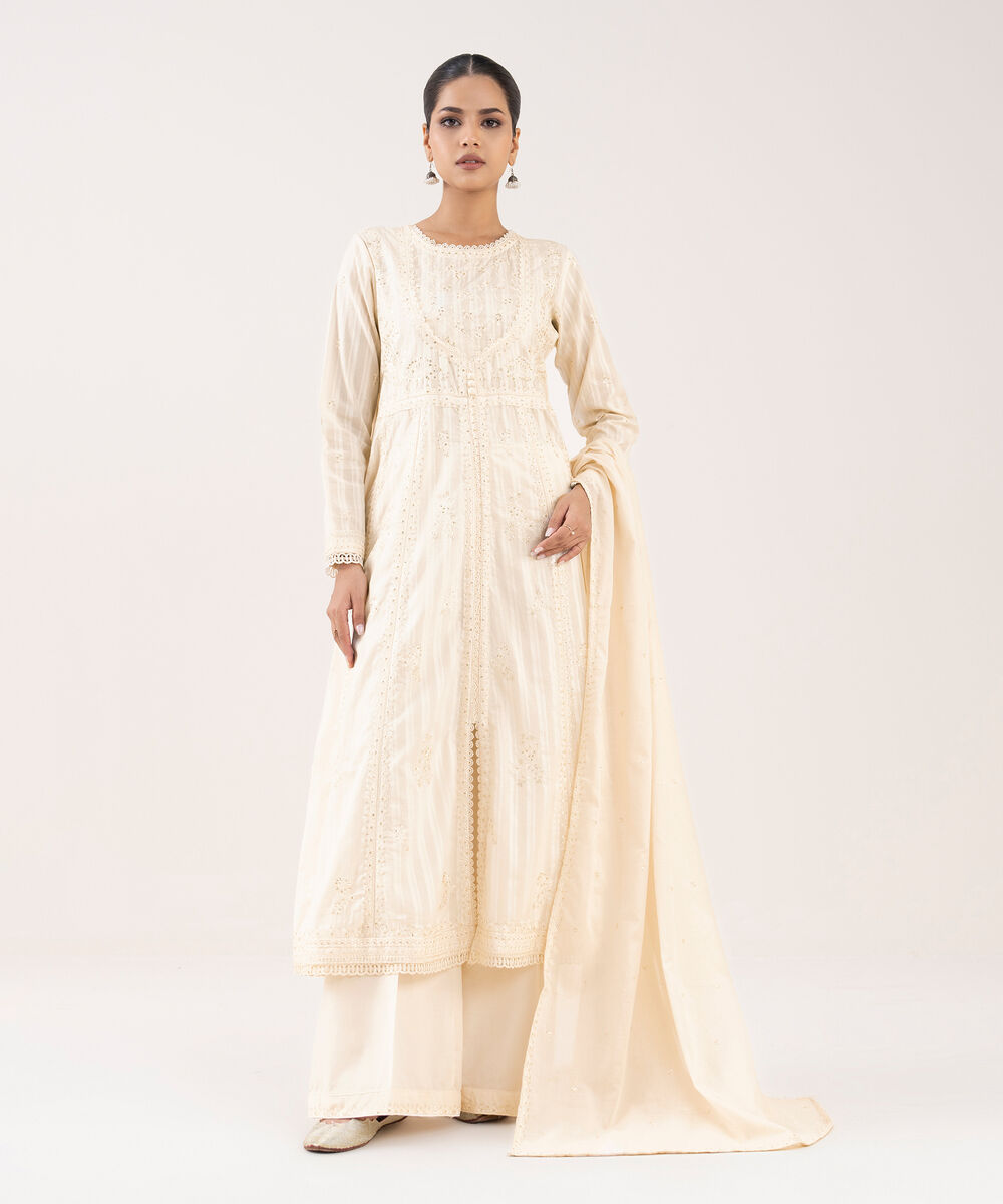 Women's RTW Textured Lawn Off White Embroidered Pishwas