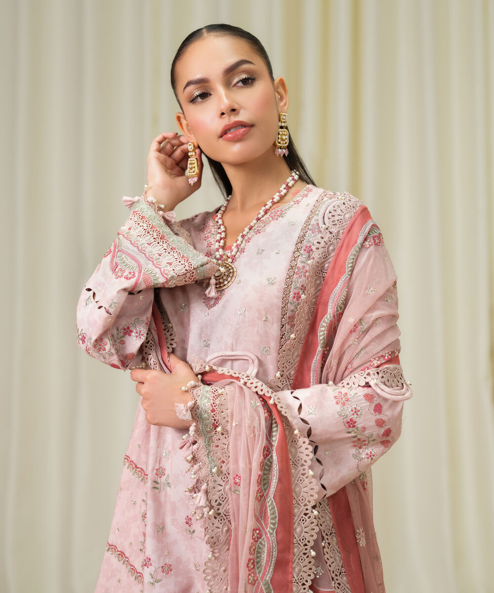 Women's Unstitched Viscose Raw Silk Embroidered Pink 3 Piece Suit