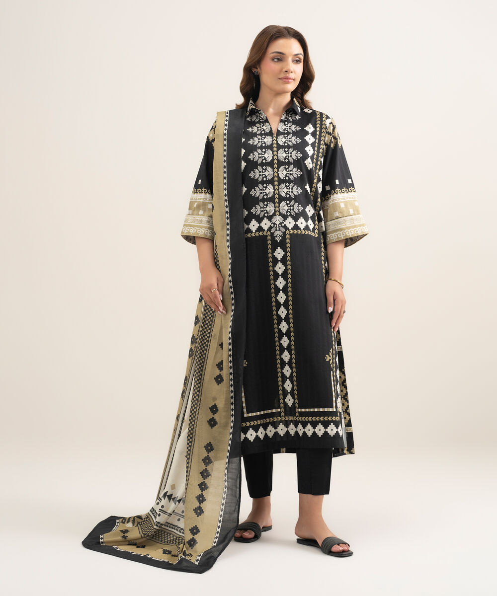 Women's RTW Textured Cotton Printed Black A-Line Shirt