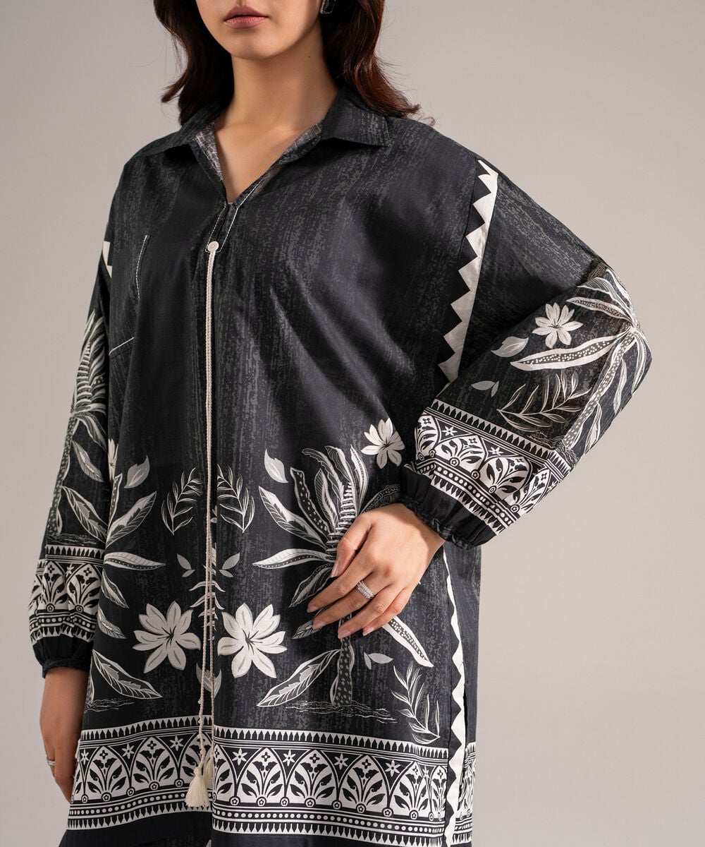 Women's RTW Slub Lawn Printed Black Drop Shoulder Shirt