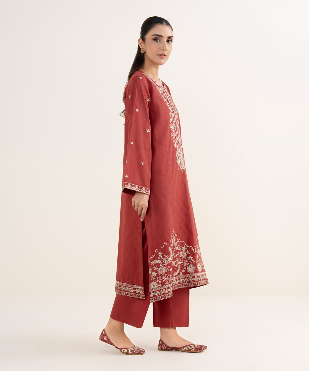 Women's RTW Self Jacquard Leno Embroidered Rust A-Line Shirt