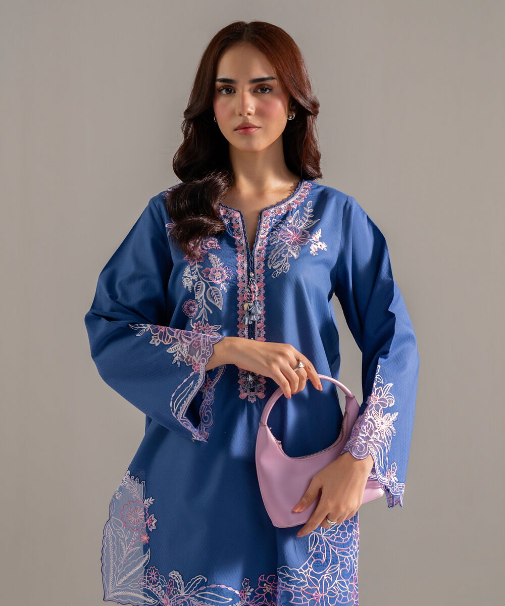 Women's RTW Dobby Solid Embroidered Blue Straight Shirt