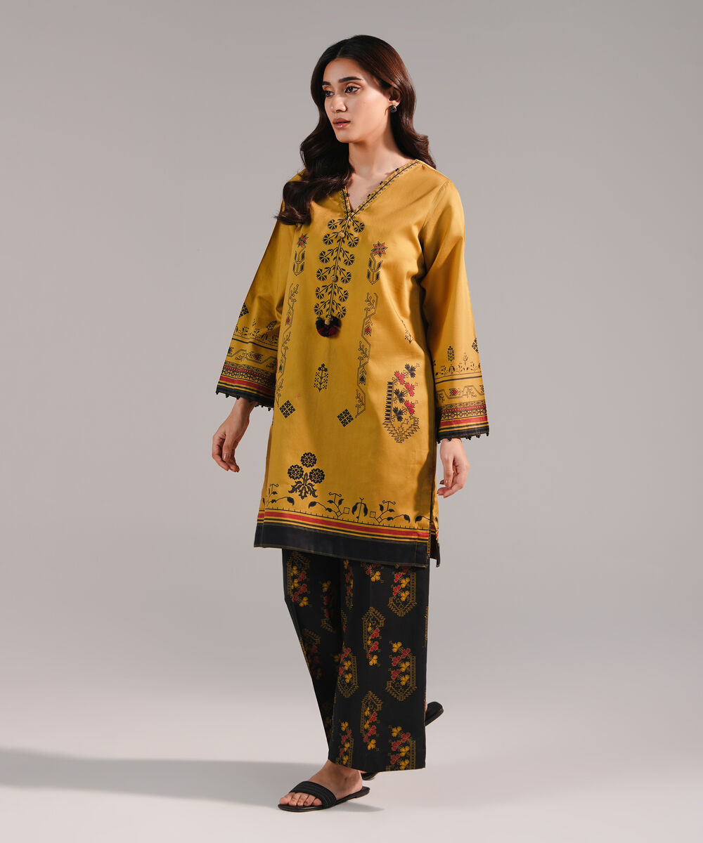 Women's RTW Cotton Satin Printed Mustard Straight Shirt