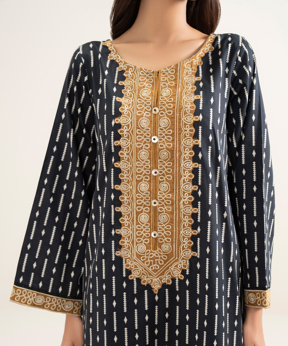 Women's RTW Lawn Embroidered Black A-Line Shirt