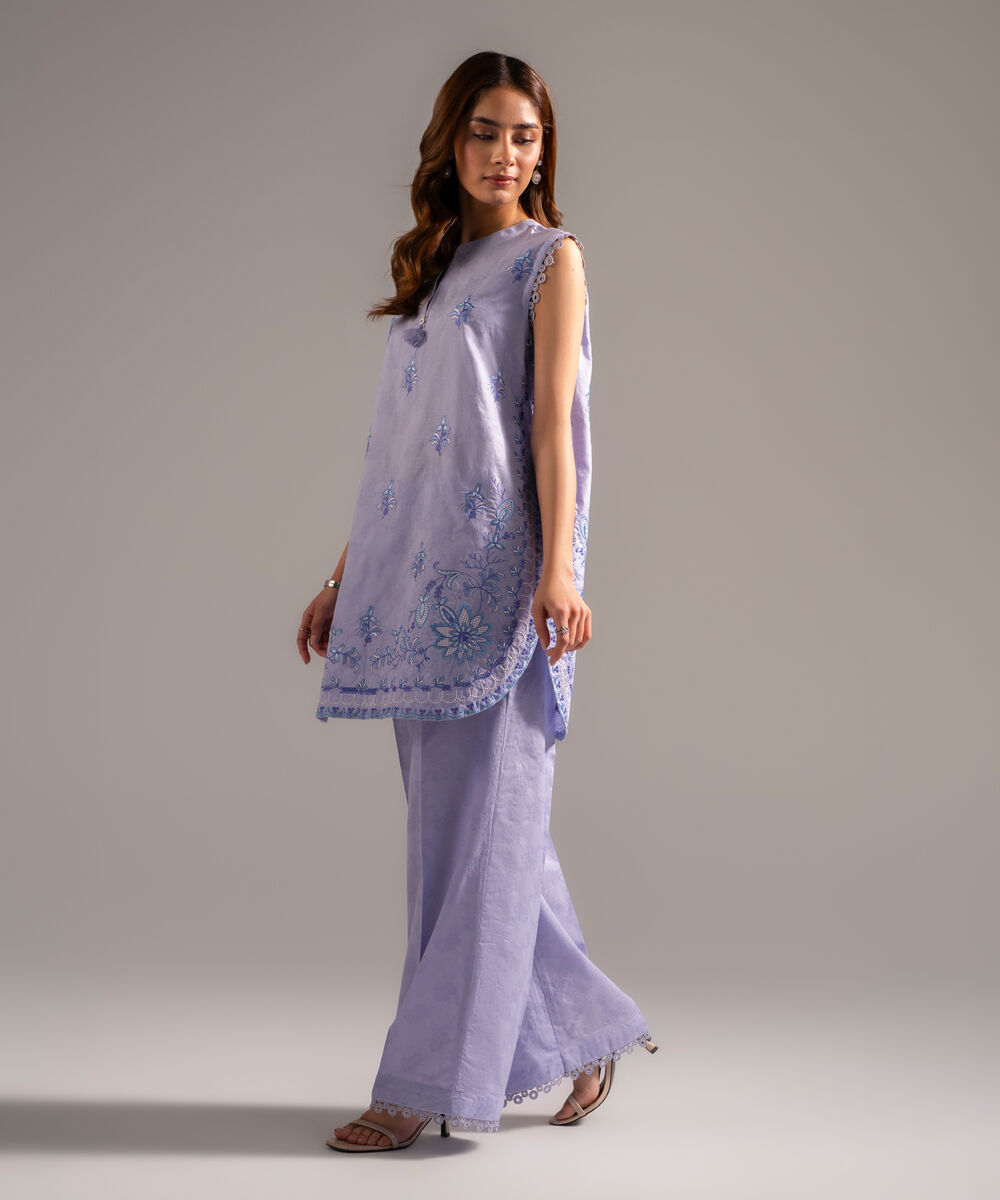 Women's RTW Self Jacquard Embroidered Pastel Blue 2 Piece Suit