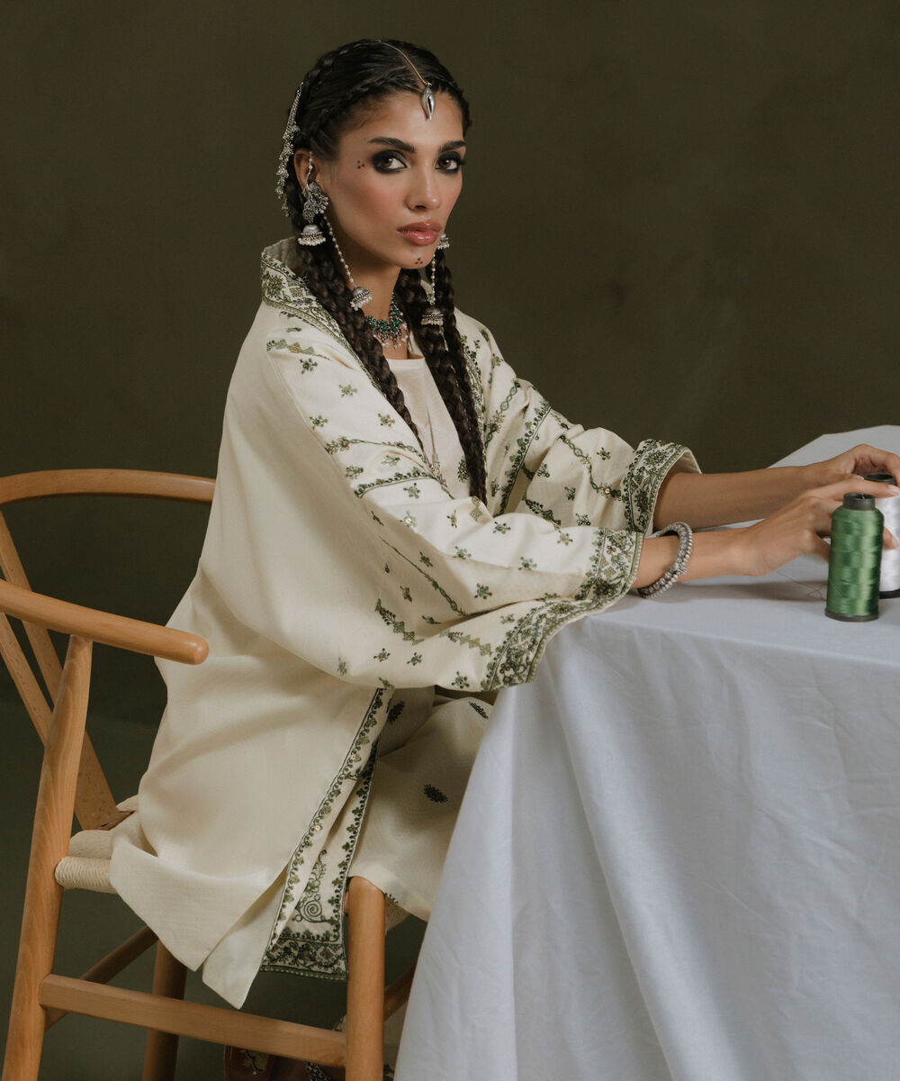 Women's RTW Textured Cotton White Embroidered Front Open Waistcoat