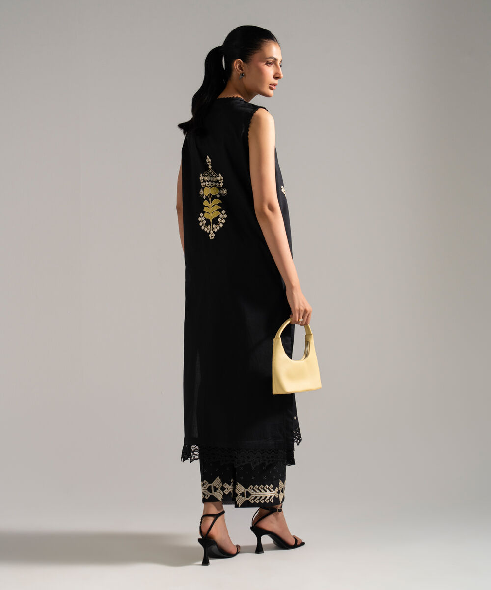 Women's RTW Dobby Embroidered Black 2 Piece Suit