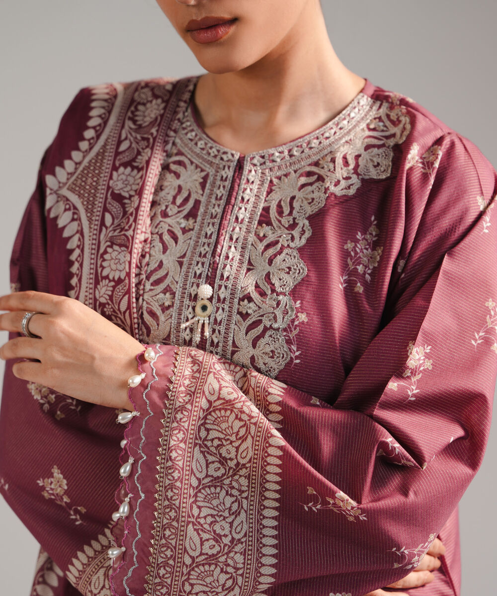 Women's RTW Zari Lawn Embroidered Pink 3 Piece Suit