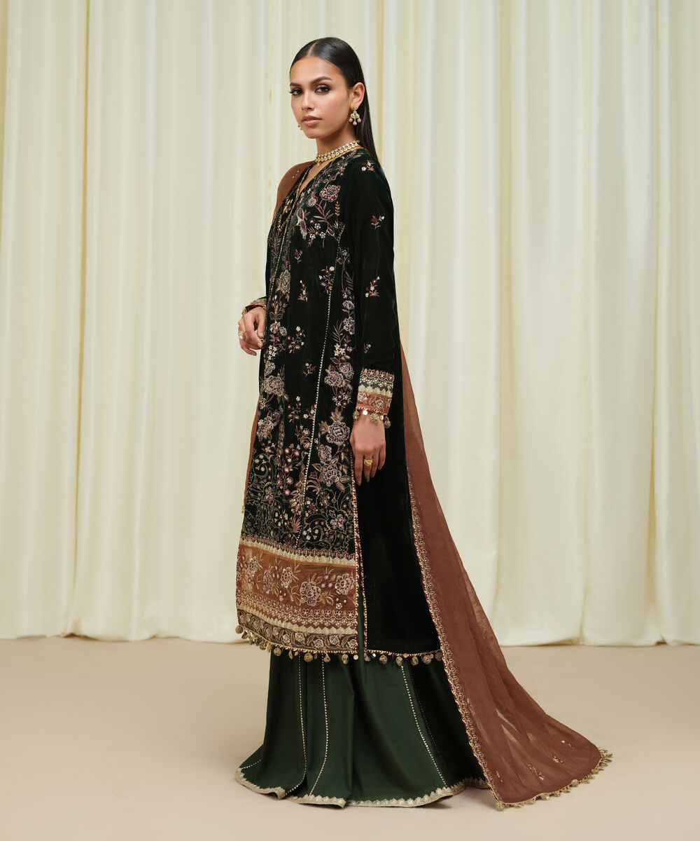 Women's Unstitched Velvet Embroidered Green 3 Piece Suit