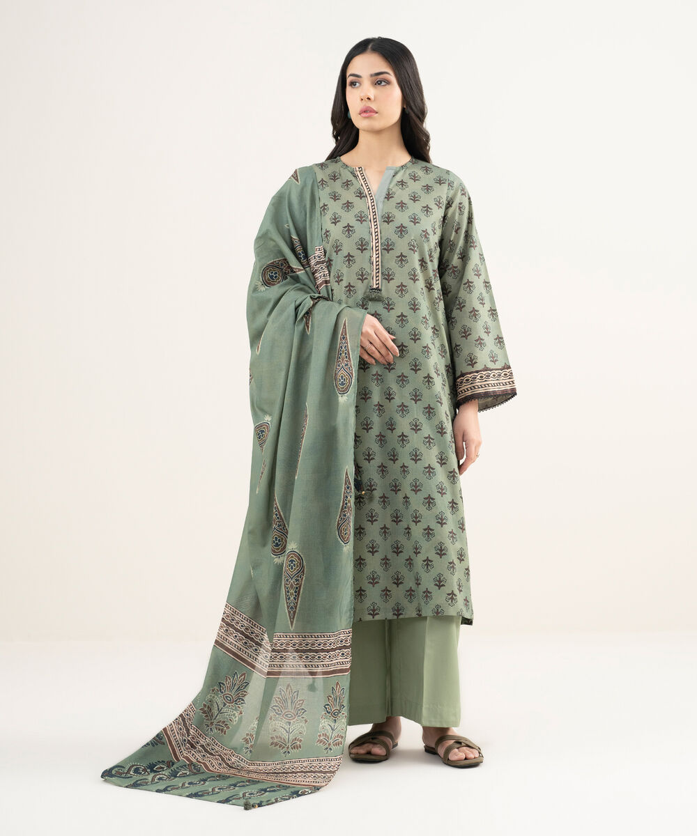 Women's RTW Lawn Printed Green 3 Piece Suit