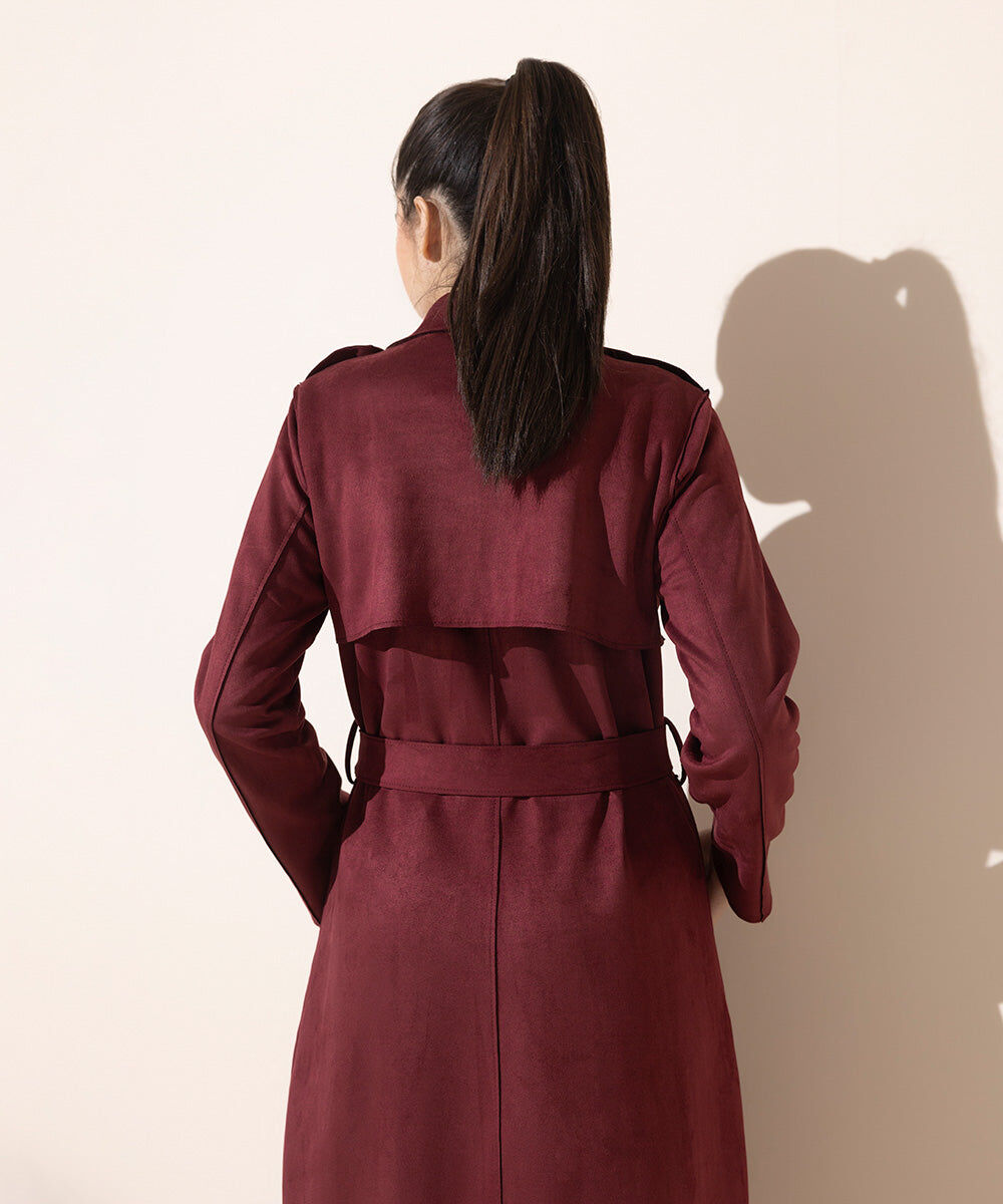 Woman - Red Suede Trench Coat with Belt