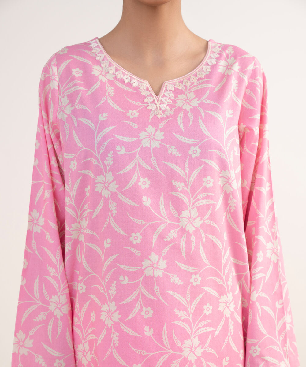 Women's RTW Textured Lawn Pink Embroidered Straight Shirt