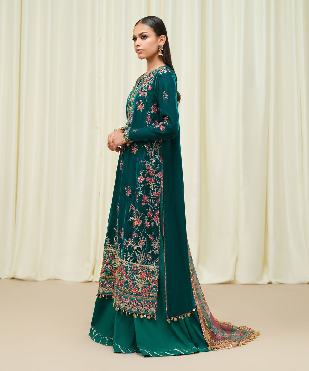 Women's Unstitched Velvet Embroidered Green 3 Piece Suit