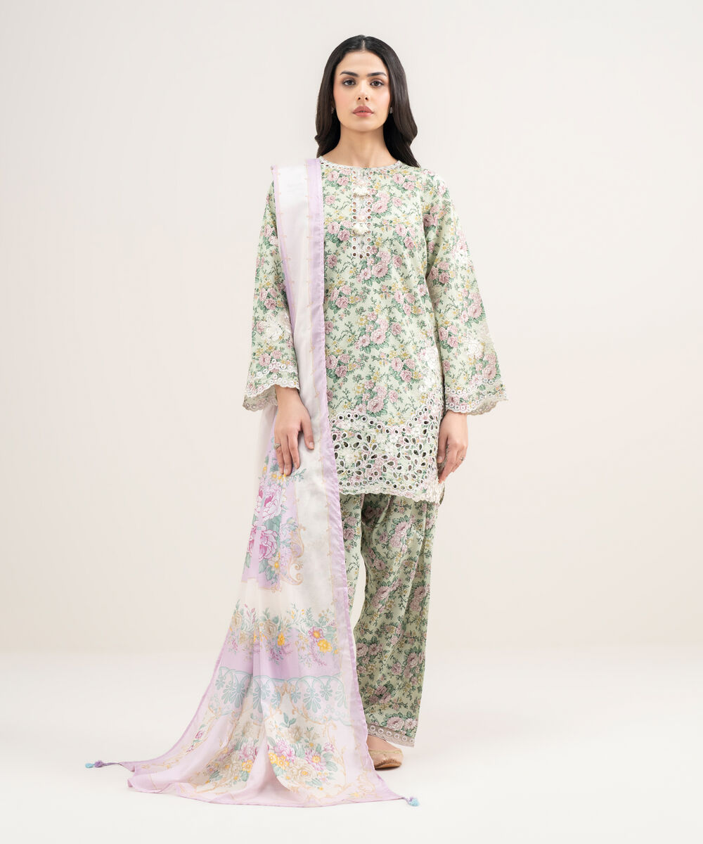 Women's RTW Zari Cotton Embroidered Green Straight Shirt