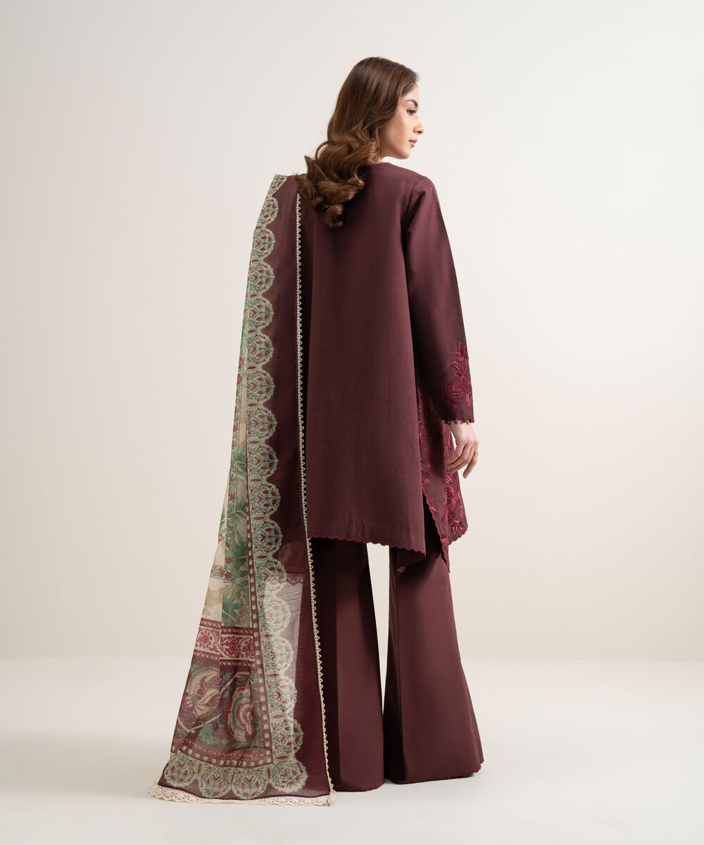 Women's Unstitched Dobby Embroidered Red 3 Piece Suit