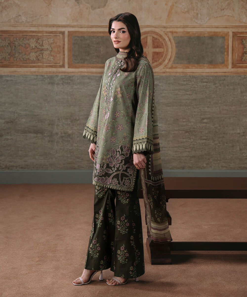 Women's Unstitched Lawn Embroidered Moss Green 3 Piece Suit
