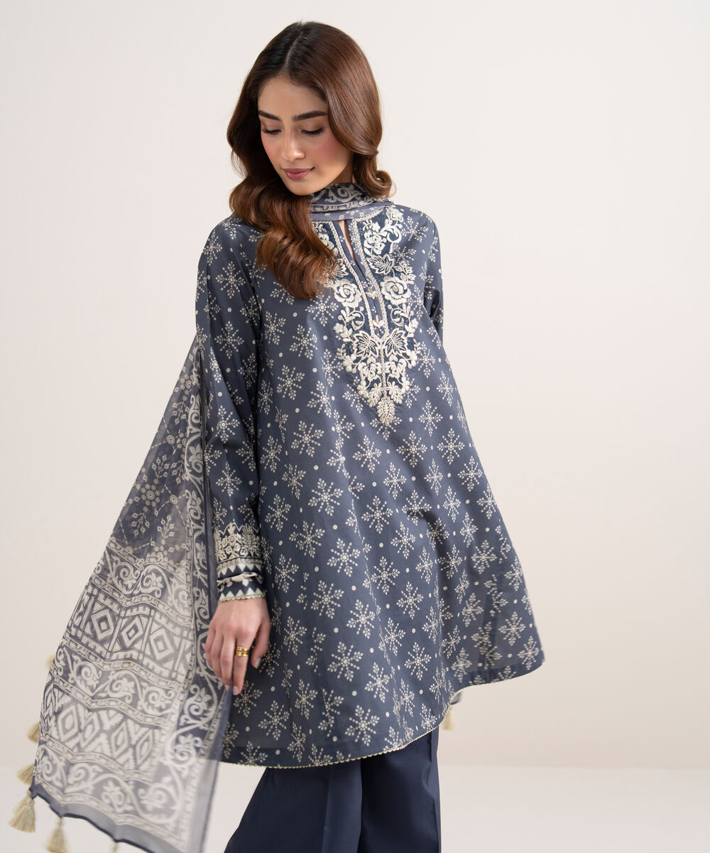 Women's Unstitched Lawn Embroidered Blue 3 Piece Suit