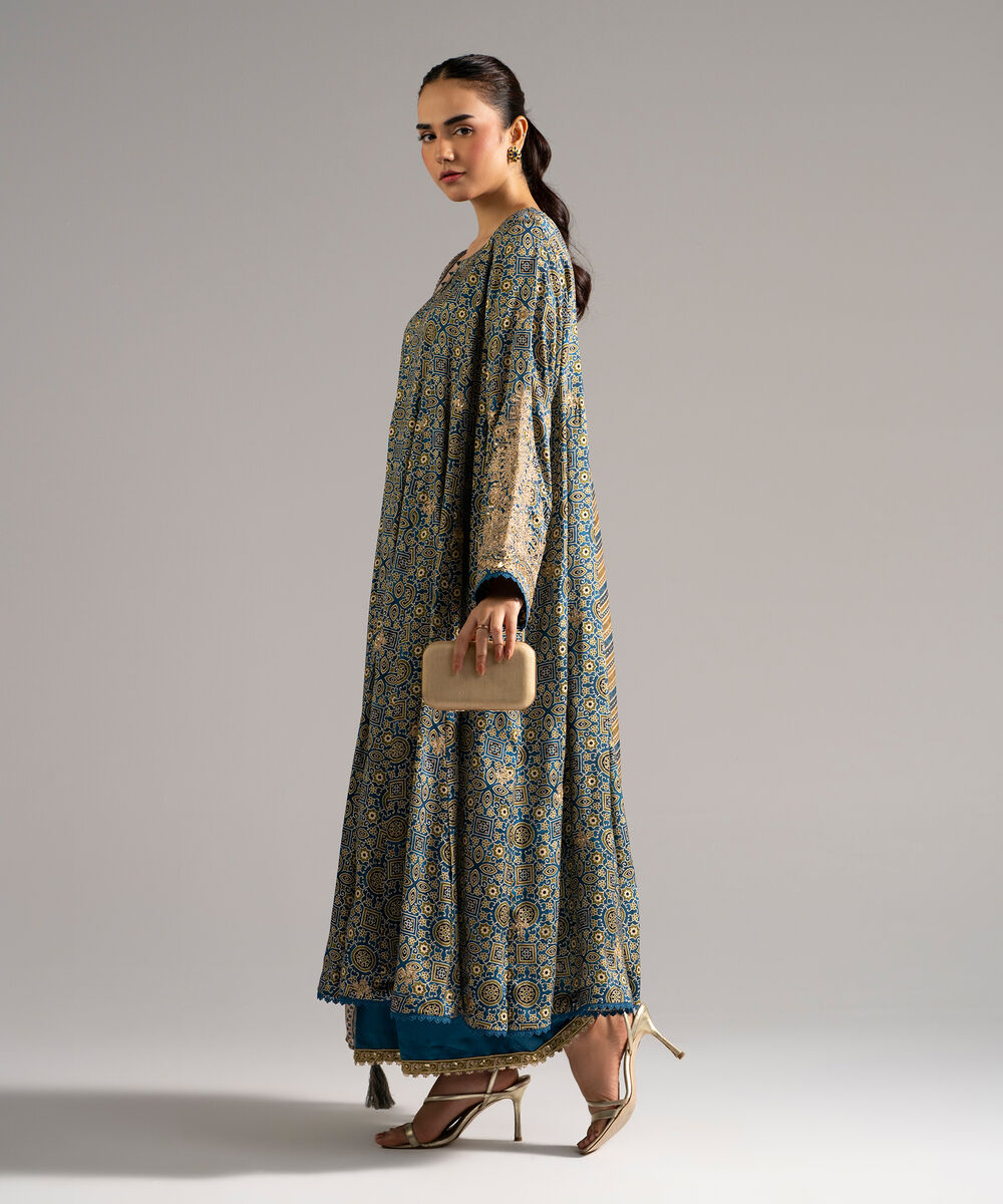 Women's RTW Raw Silk Embroidered Blue 3 Piece Suit