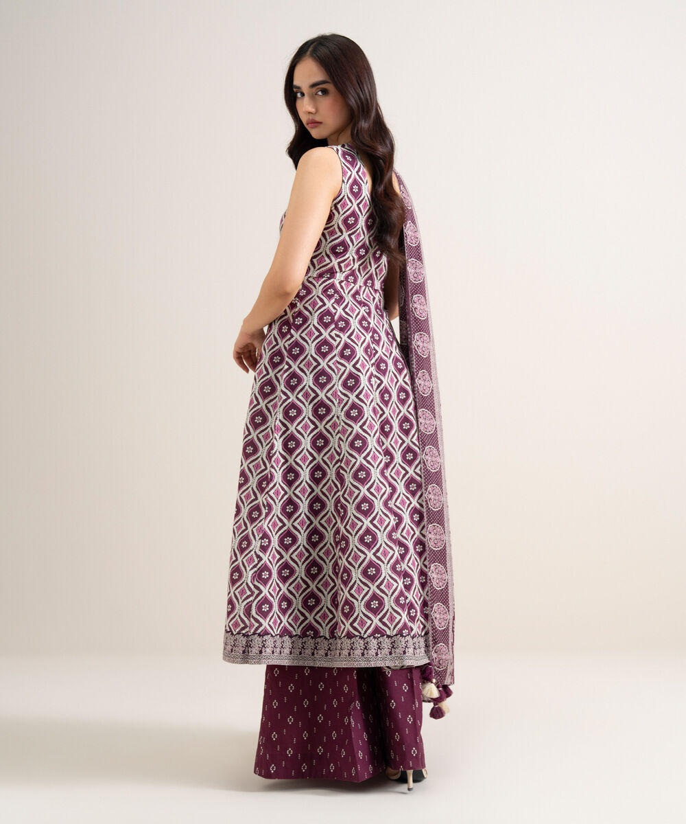 Women's Unstitched Lawn Printed Plum & White 3 Piece Suit