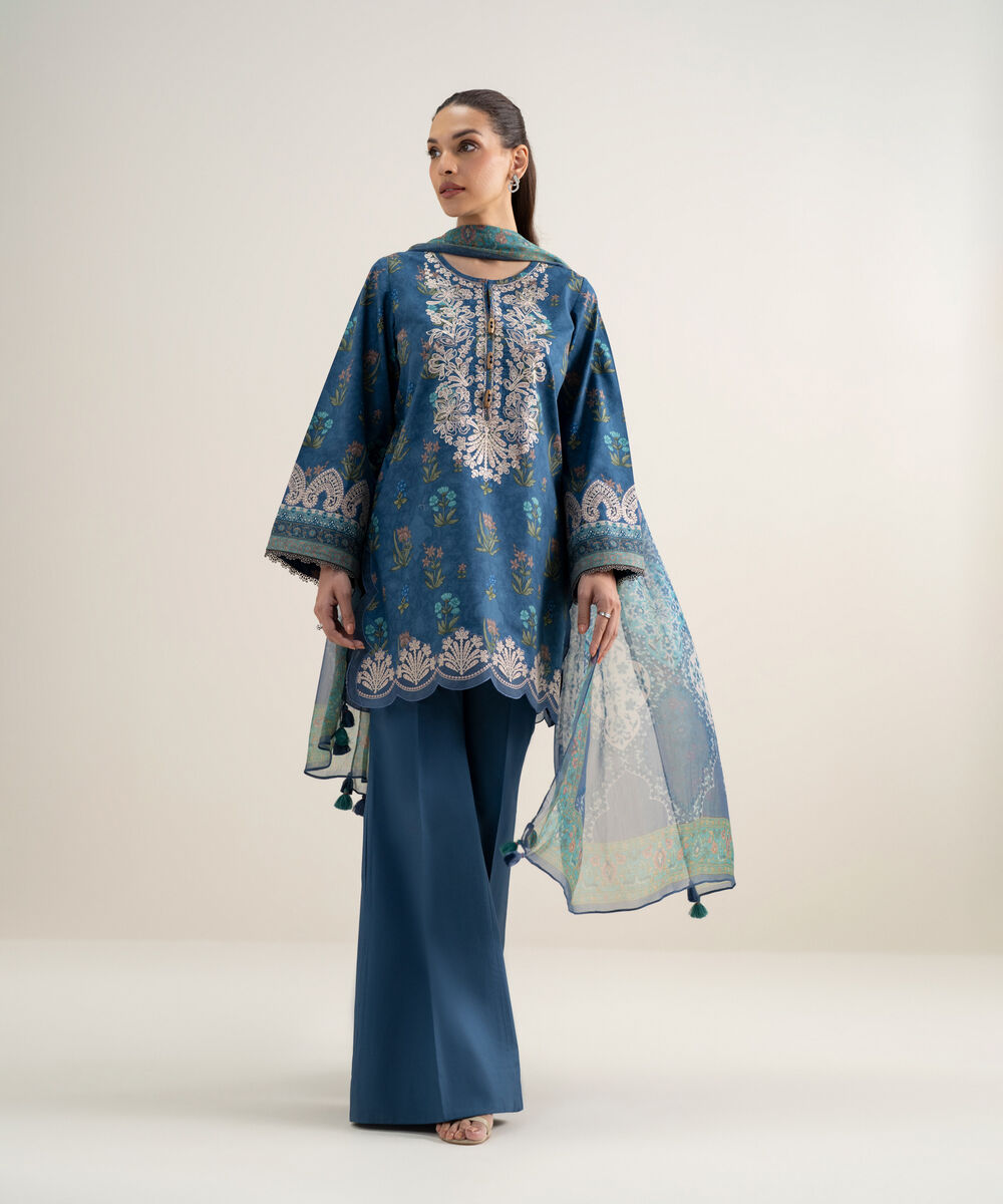 Women's Unstitched Lawn Embroidered Blue 3 Piece Suit